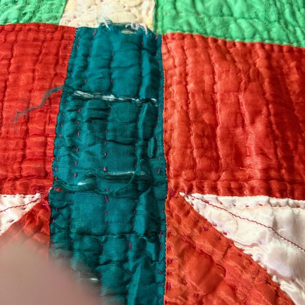 VTG Handmade Satin Patchwork Quilt Red Geometric Star 83x68 for REPAIR/REPURPOSE